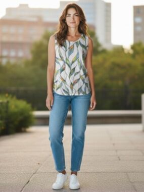 Xieerduo Sleeveless Crew Neck Watercolor Stained-Glass Leaf Print Top Size XXL